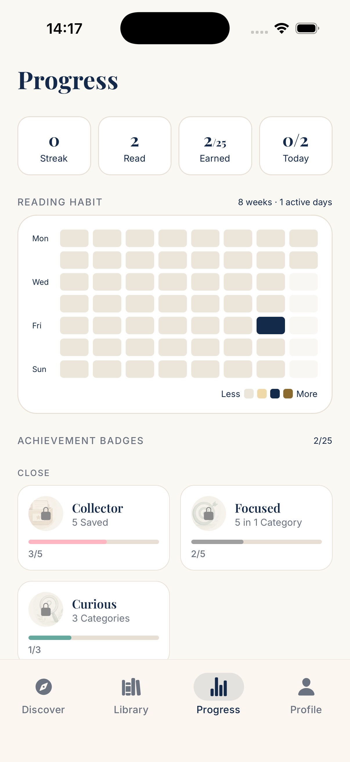 Reading streak, statistics, and achievement badges in Albor